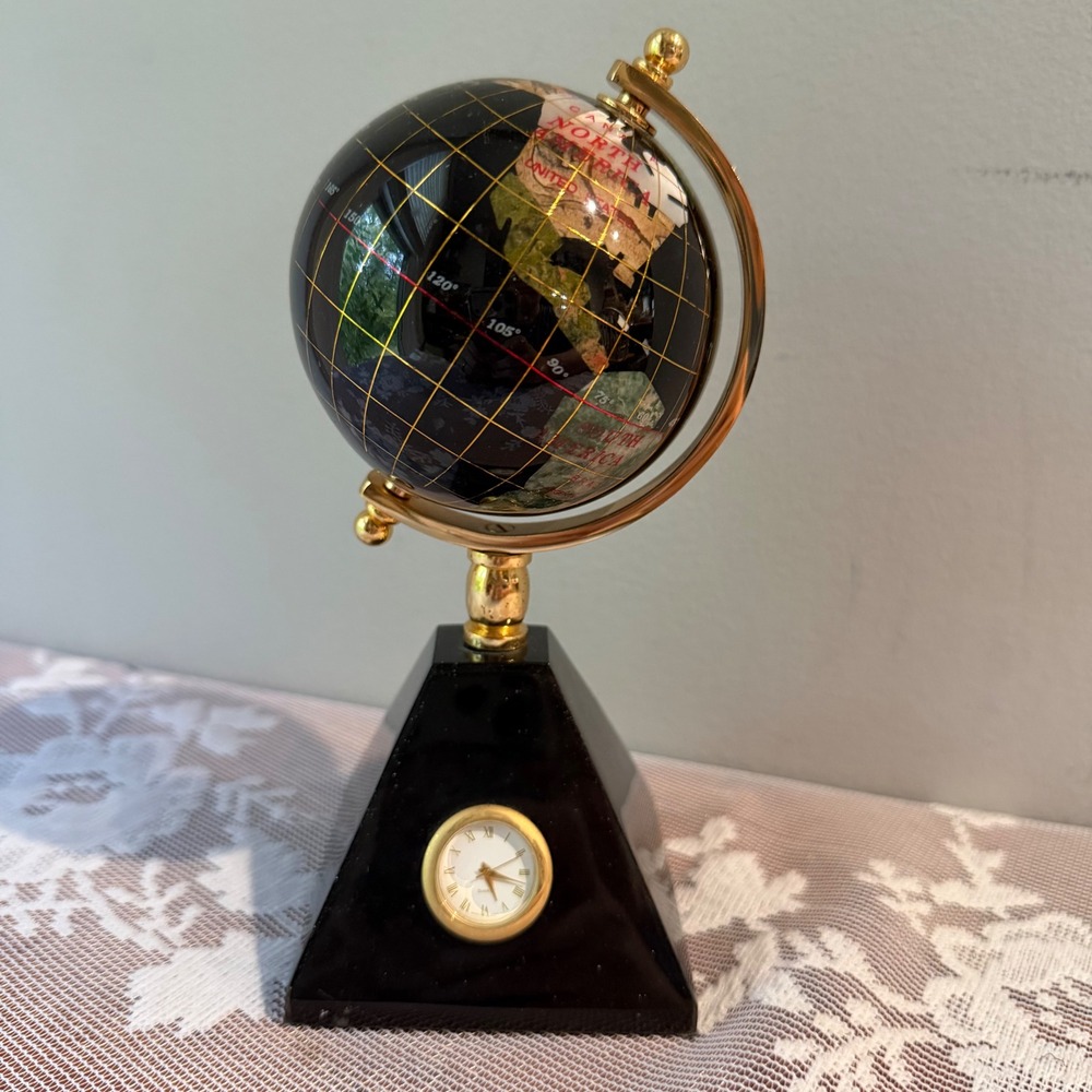 Gemstone World Globe Desk Clock Black Onyx Style Pyramid Base Gold Tone FLAWED